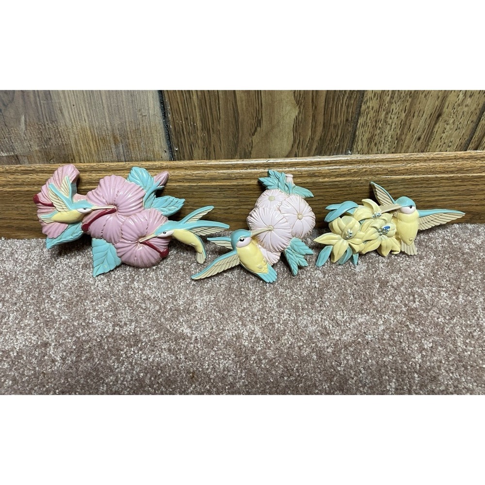 Vintage Burwood Hummingbirds Wall Decor Pastel Flower Wall Art 1992 USA